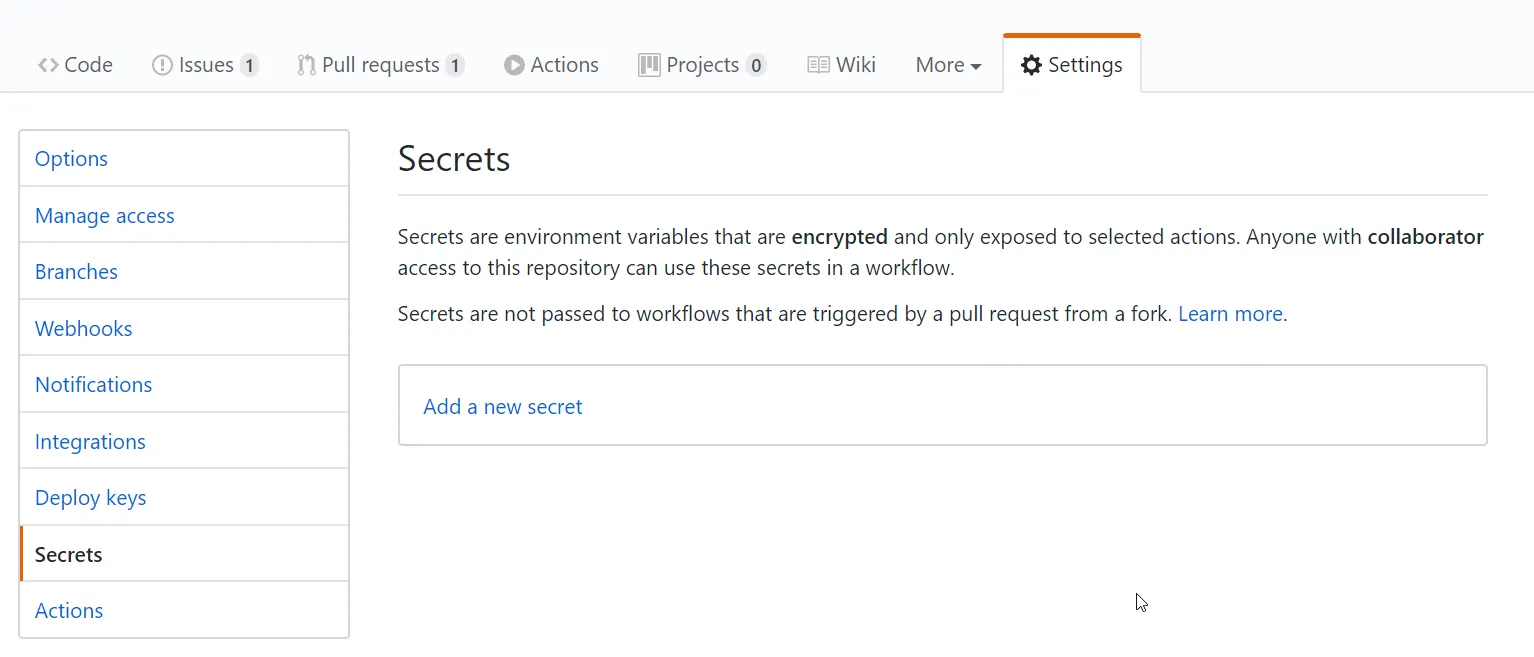 Github secret settings