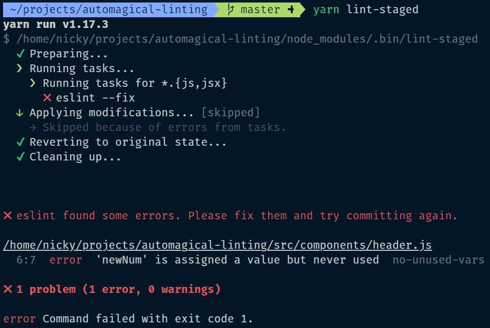 failing lint-staged stops the commit